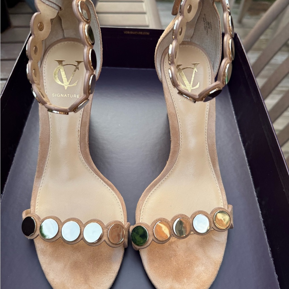 Vince Camuto Tan Wedge Sandals  with Ankle Strap and Studded Front